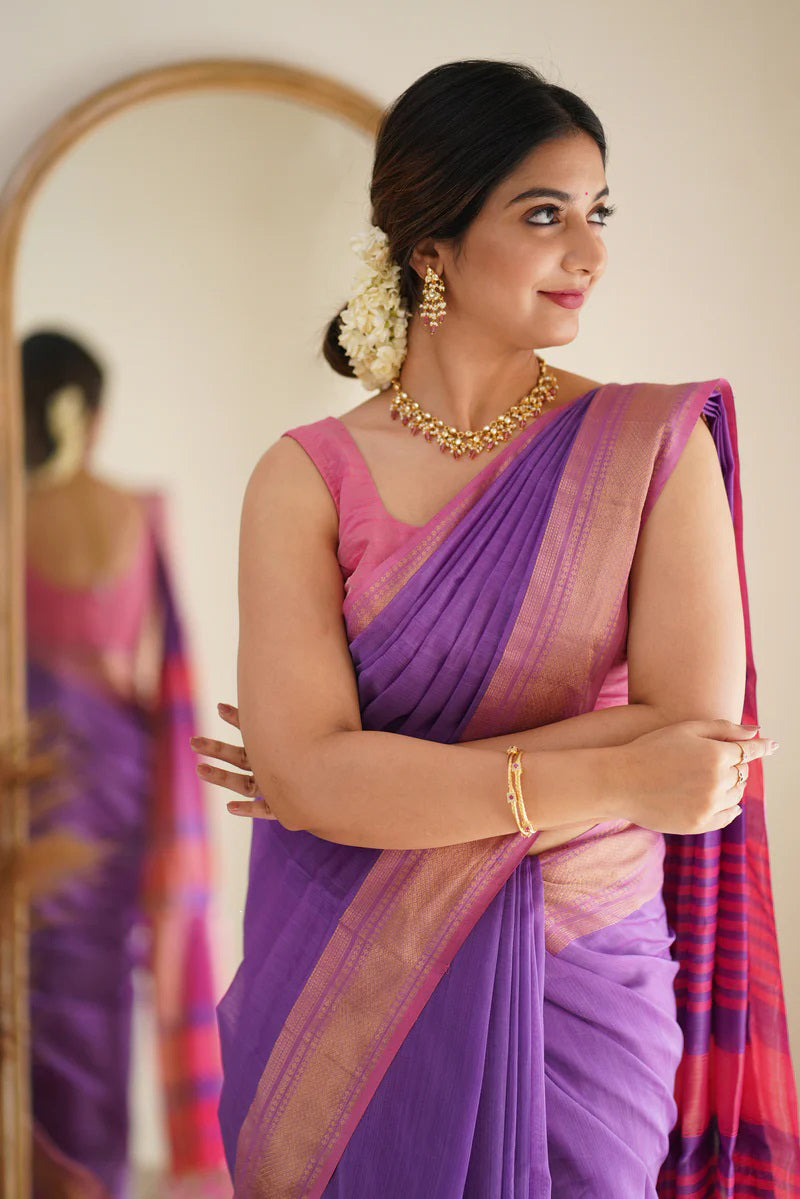 Captivating Lavender Cotton Silk Saree With Beleaguer Blouse Piece