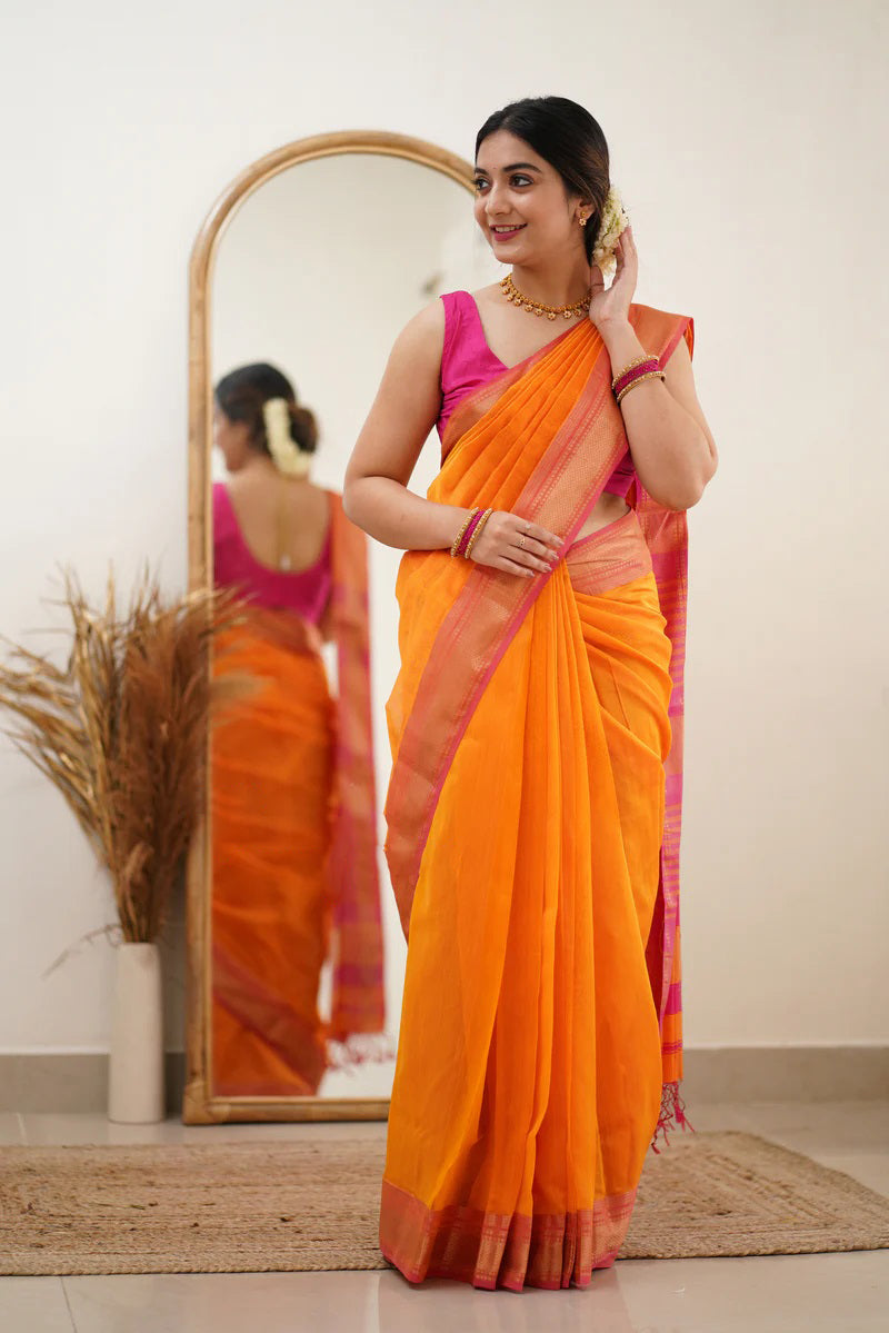 Mesmerising Orange Cotton Silk Saree With Bewitching Blouse Piece