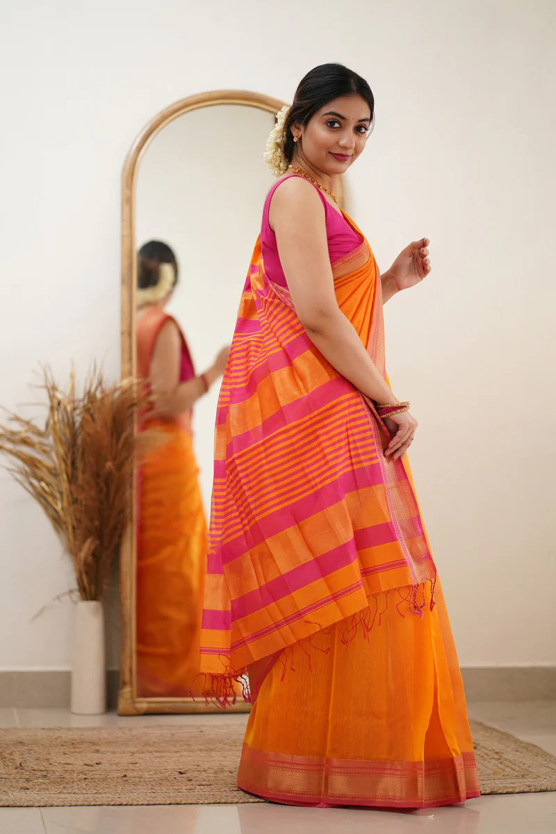 Mesmerising Orange Cotton Silk Saree With Bewitching Blouse Piece