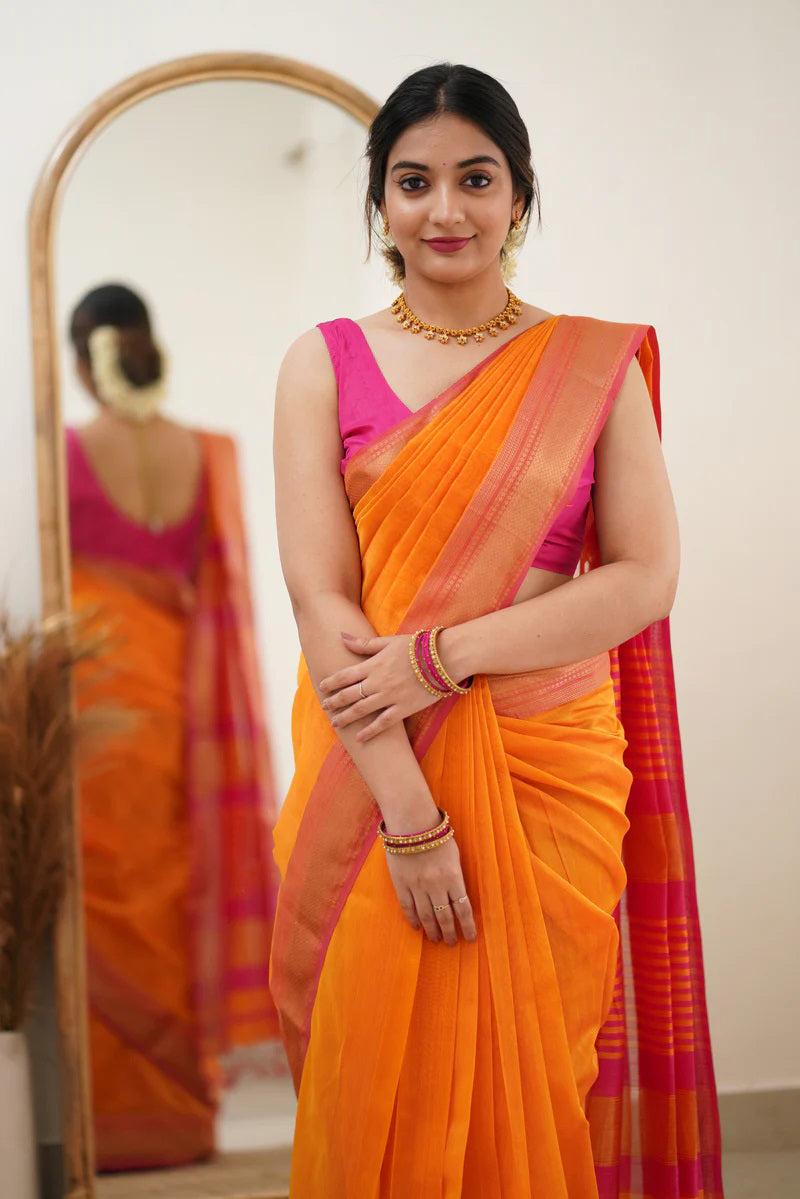 Mesmerising Orange Cotton Silk Saree With Bewitching Blouse Piece