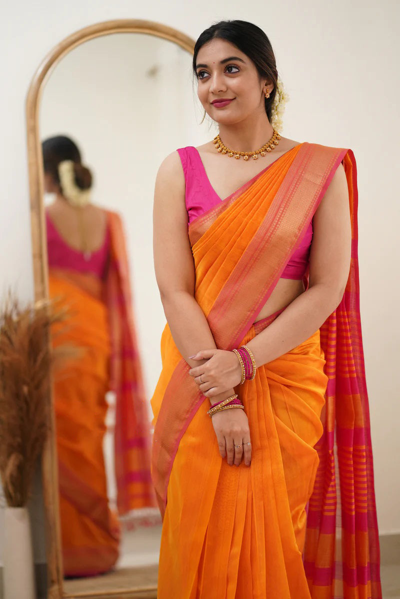 Mesmerising Orange Cotton Silk Saree With Bewitching Blouse Piece