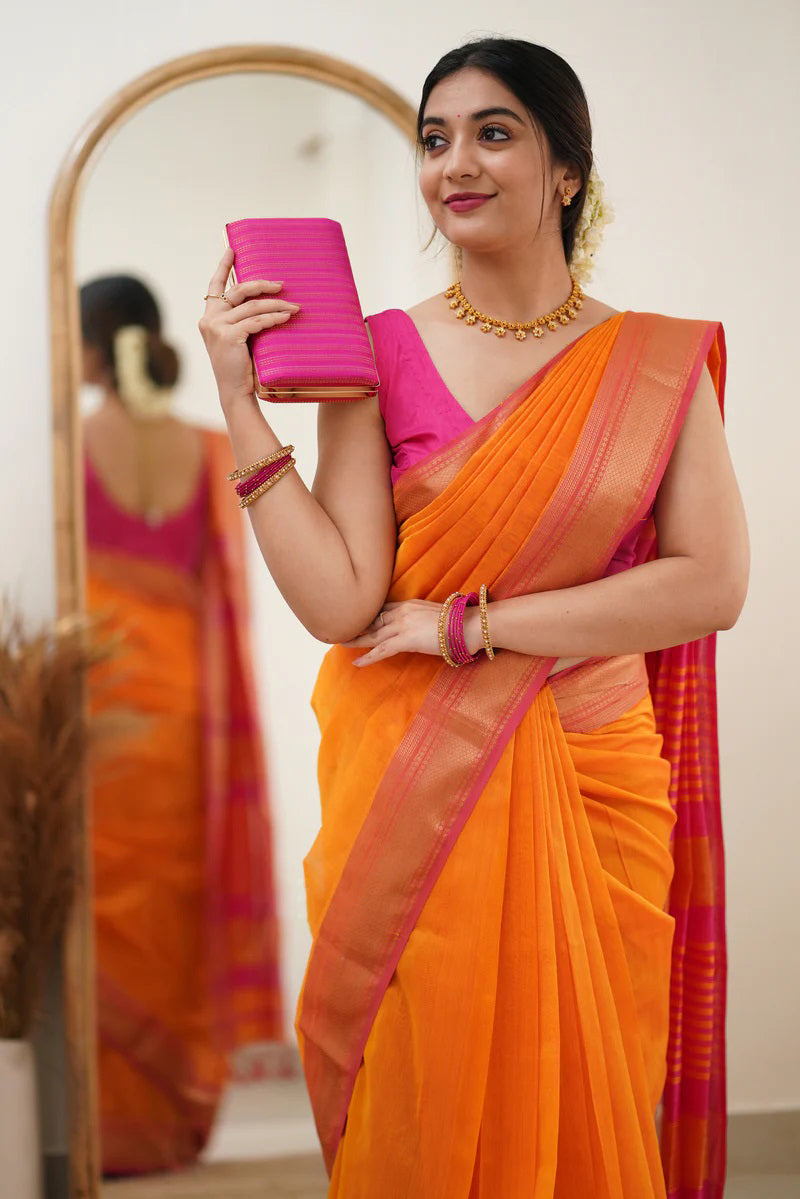 Mesmerising Orange Cotton Silk Saree With Bewitching Blouse Piece