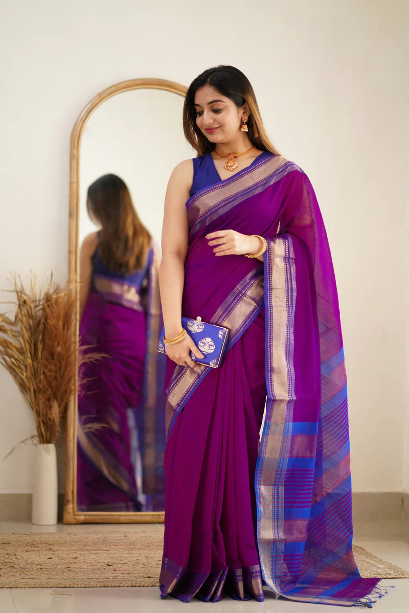 Blissful Purple Cotton Silk Saree With Brood Blouse Piece