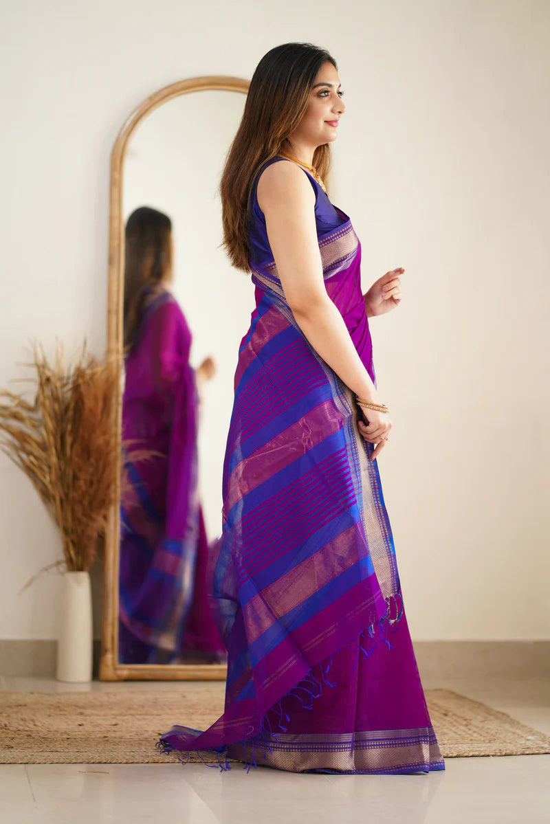 Blissful Purple Cotton Silk Saree With Brood Blouse Piece