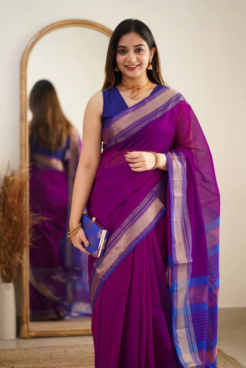 Blissful Purple Cotton Silk Saree With Brood Blouse Piece