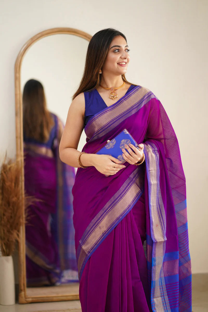 Blissful Purple Cotton Silk Saree With Brood Blouse Piece