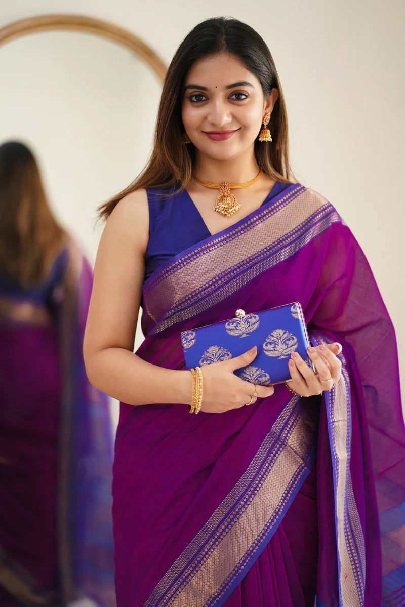 Blissful Purple Cotton Silk Saree With Brood Blouse Piece