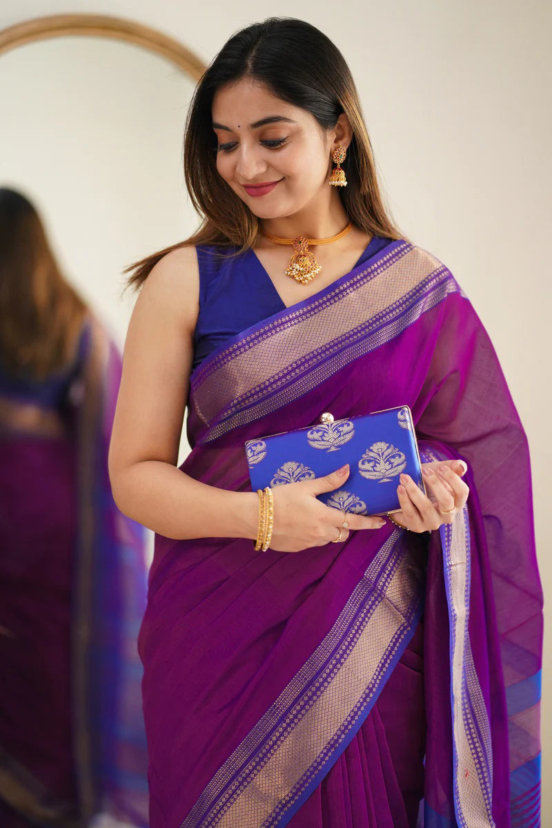 Blissful Purple Cotton Silk Saree With Brood Blouse Piece