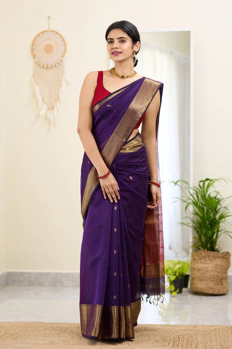 Diaphanous Purple Cotton Silk Saree With Epiphany Blouse Piece