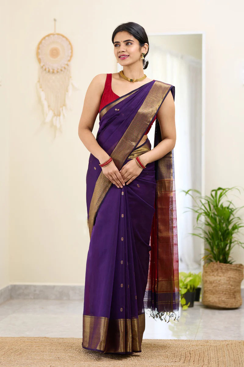 Diaphanous Purple Cotton Silk Saree With Epiphany Blouse Piece