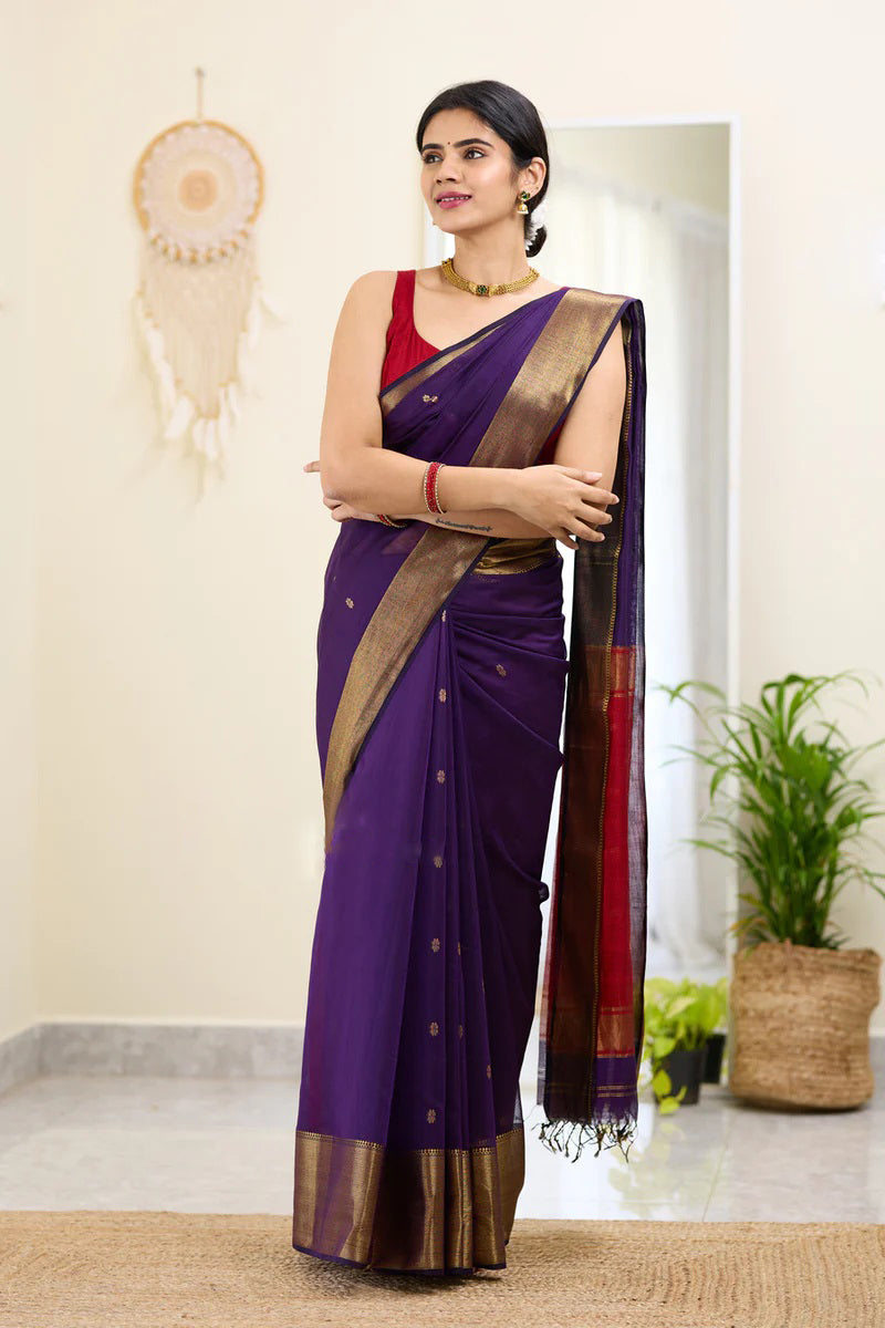 Diaphanous Purple Cotton Silk Saree With Epiphany Blouse Piece