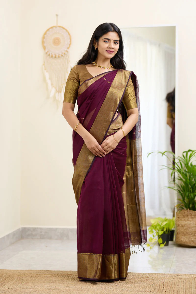 Dalliance Wine Cotton Silk Saree With Ephemeral Blouse Piece