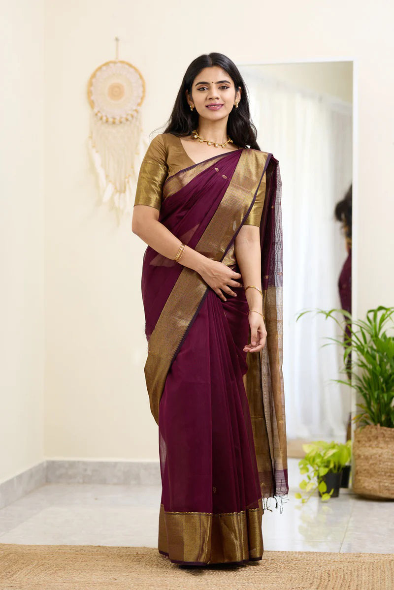 Dalliance Wine Cotton Silk Saree With Ephemeral Blouse Piece