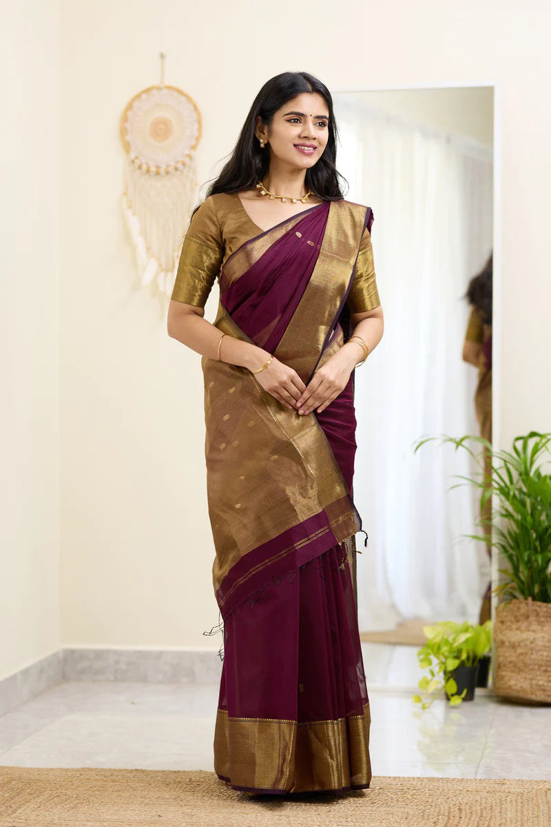 Dalliance Wine Cotton Silk Saree With Ephemeral Blouse Piece