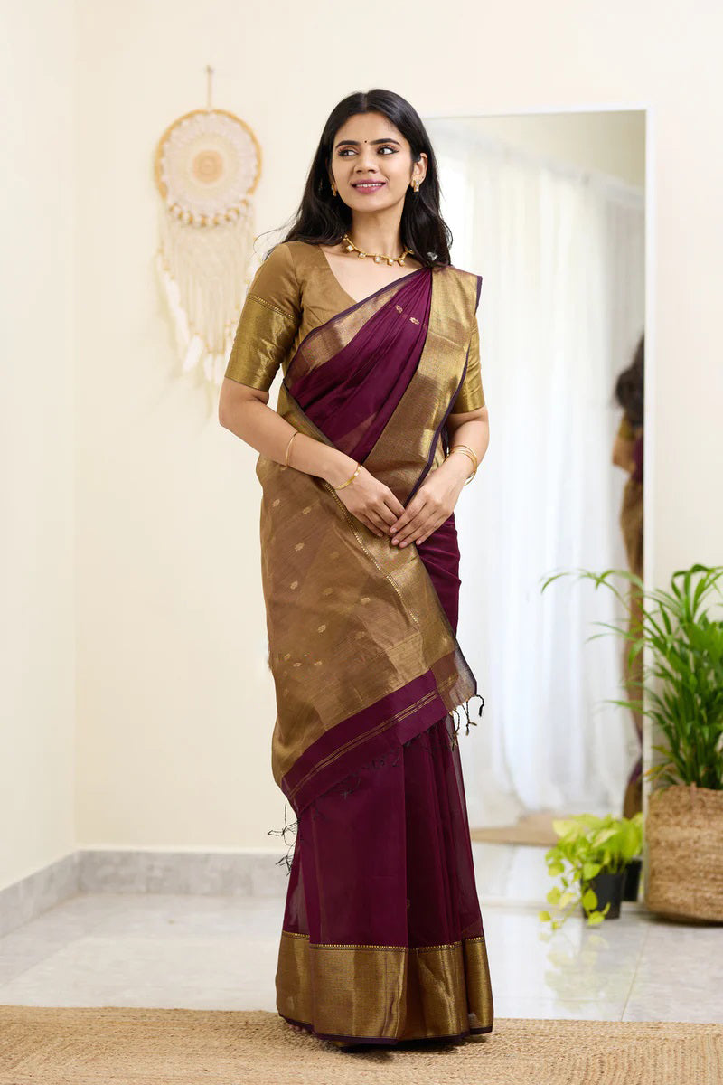 Dalliance Wine Cotton Silk Saree With Ephemeral Blouse Piece