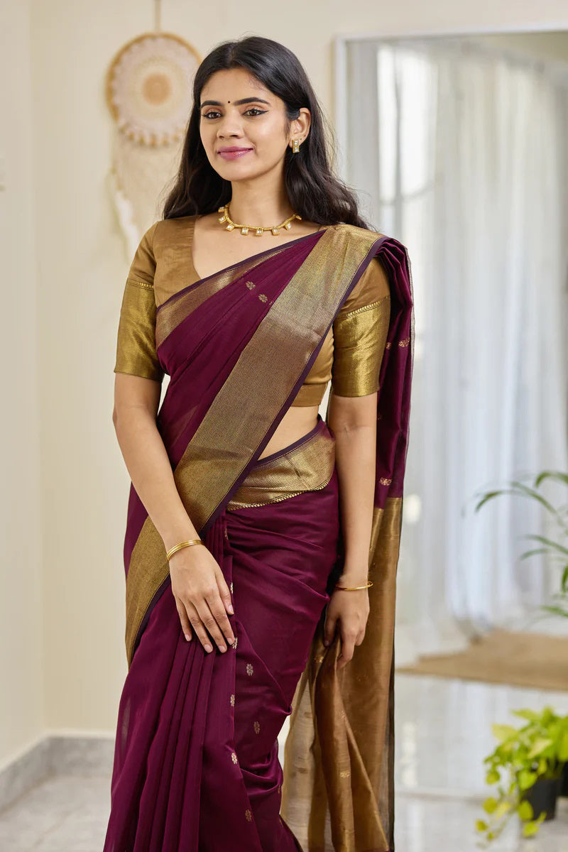 Dalliance Wine Cotton Silk Saree With Ephemeral Blouse Piece