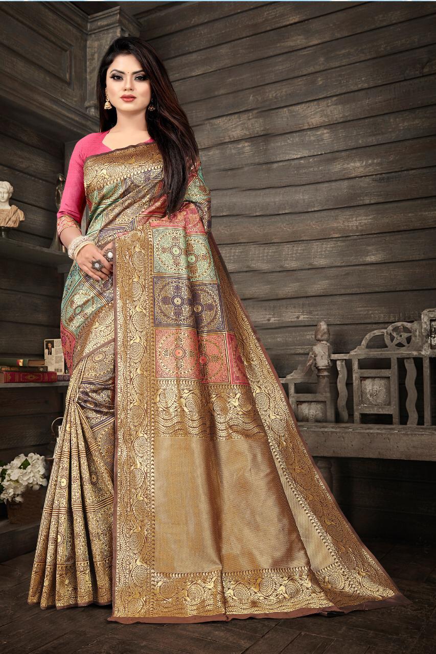 Pretty Beige Soft Banarasi Silk Saree With Charismatic Blouse Piece