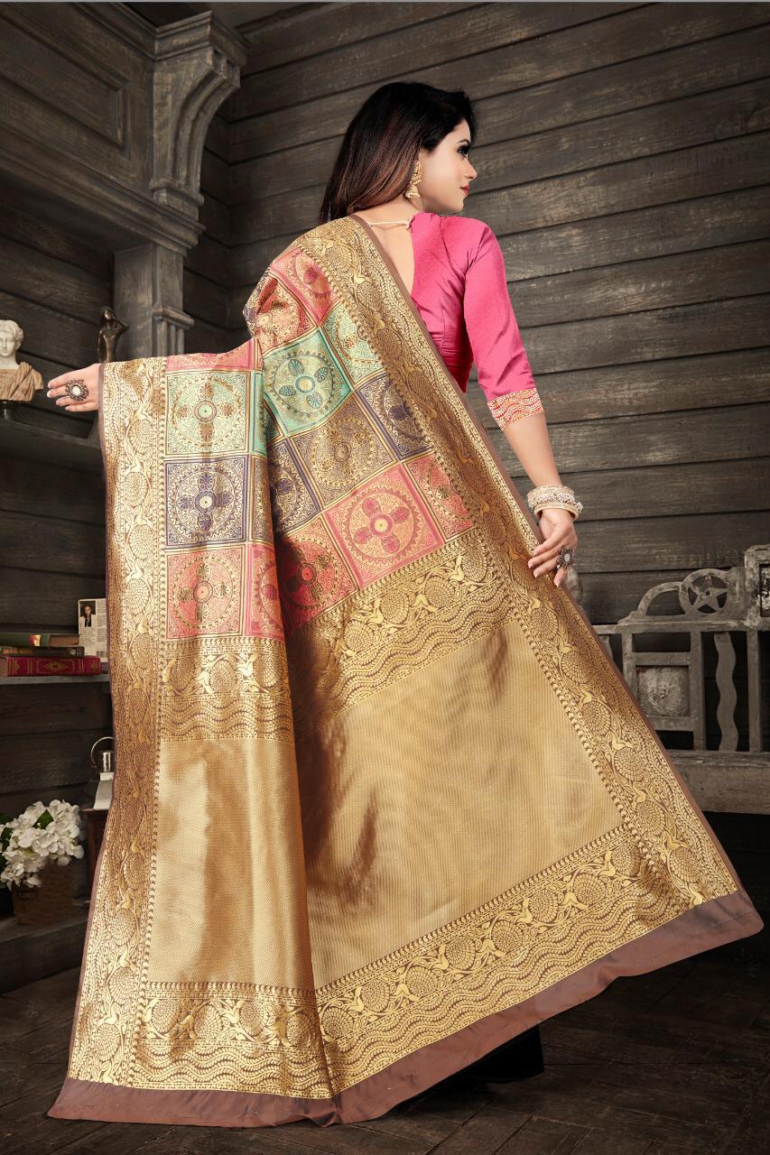 Pretty Beige Soft Banarasi Silk Saree With Charismatic Blouse Piece