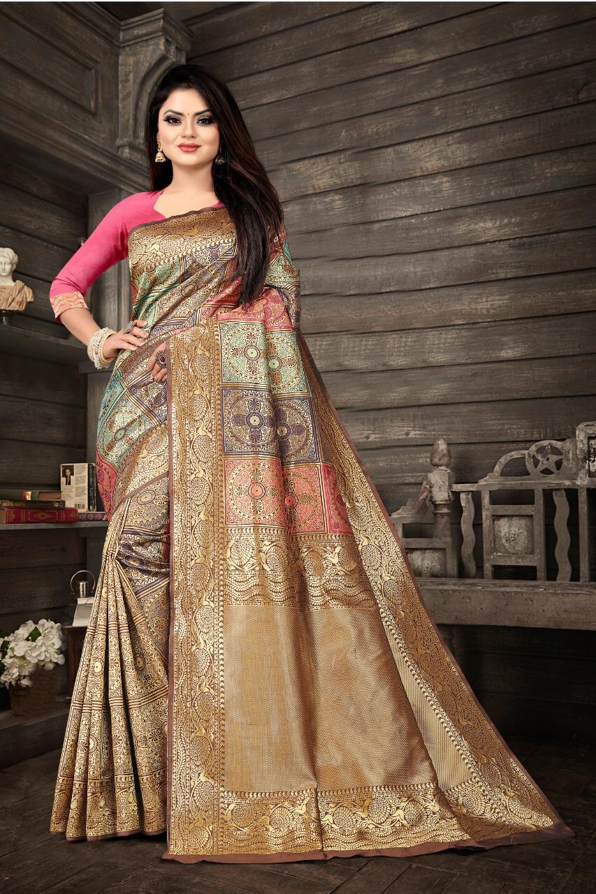 Pretty Beige Soft Banarasi Silk Saree With Charismatic Blouse Piece