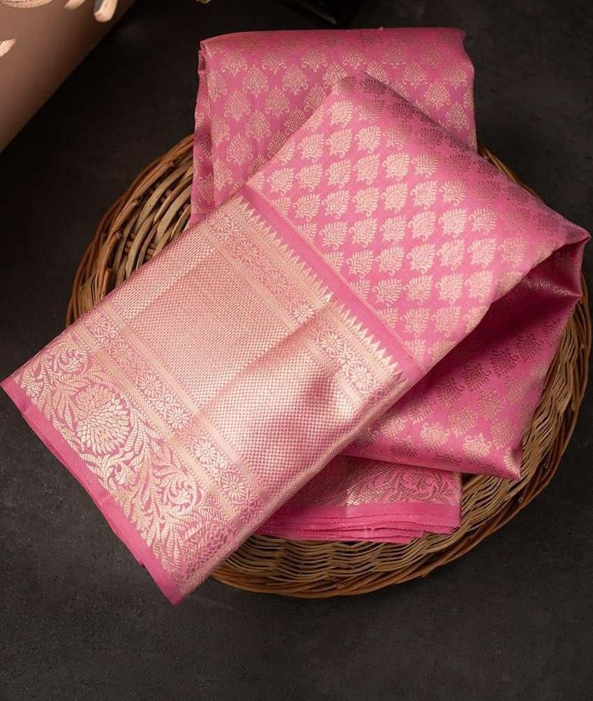 Wonderful Pink Soft Silk Saree With Ornate Pink Blouse Piece