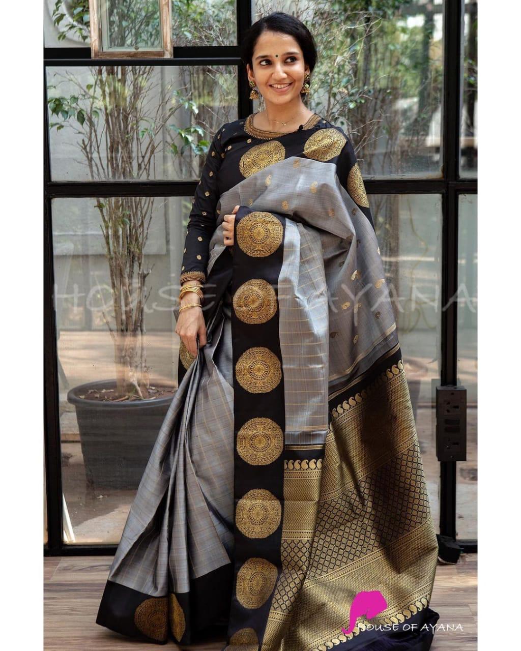 Eye-catching Grey Soft Silk Saree With Majestic Blouse Piece