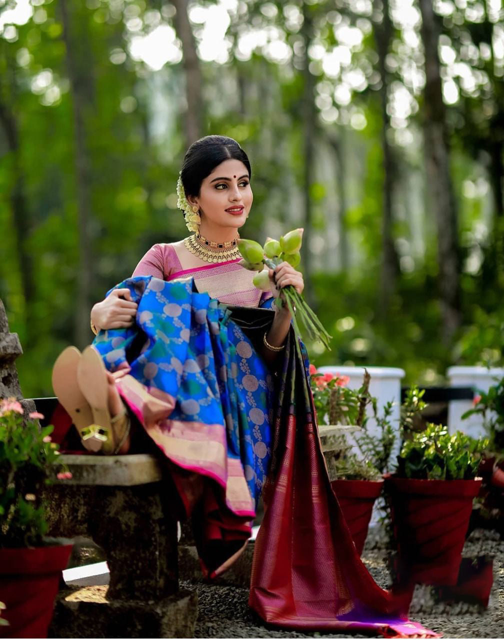 Beguiling Blue Soft Silk Saree With Stunner Blouse Piece