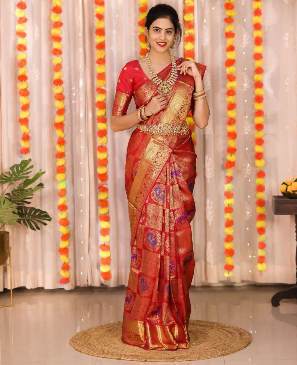 Ravishing Red Soft Banrasi Silk Saree With Alluring Blouse Piece