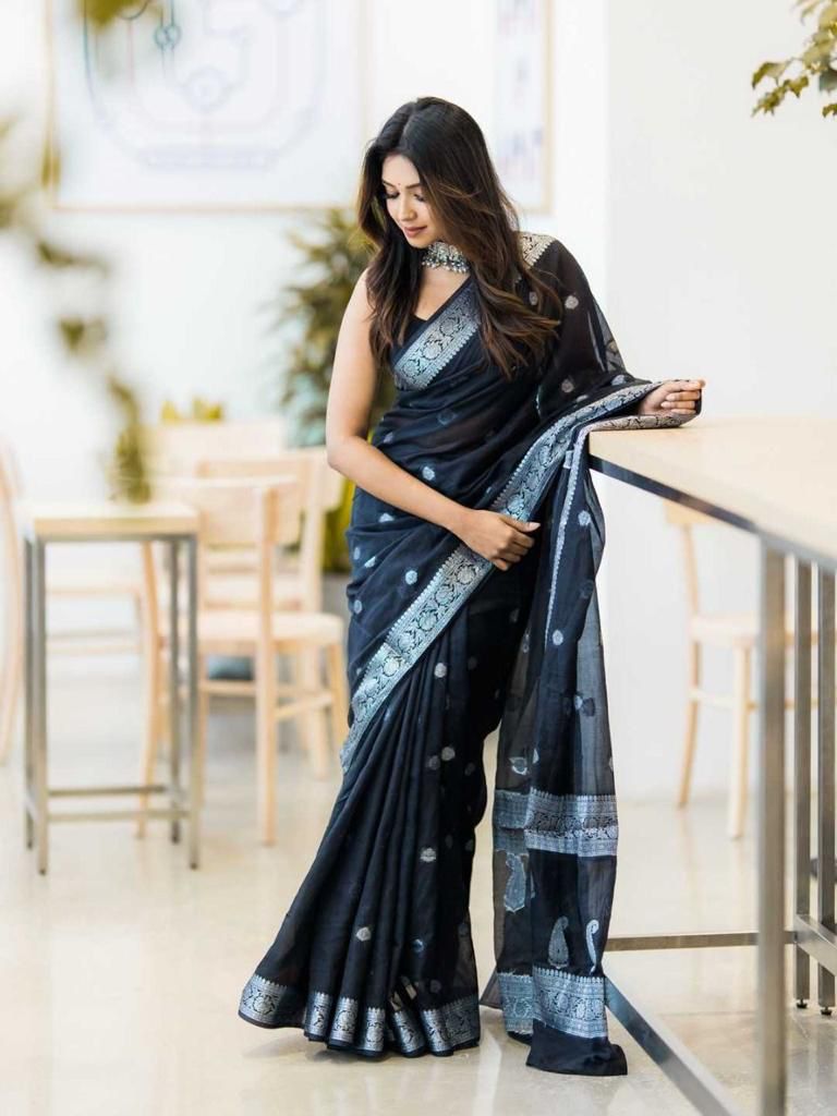 Charismatic Black Cotton Silk Saree With Lissome Blouse Piece