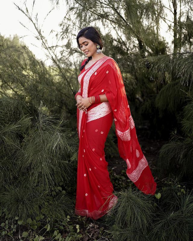 Lagniappe Red Cotton Silk Saree With Vestigial Blouse Piece