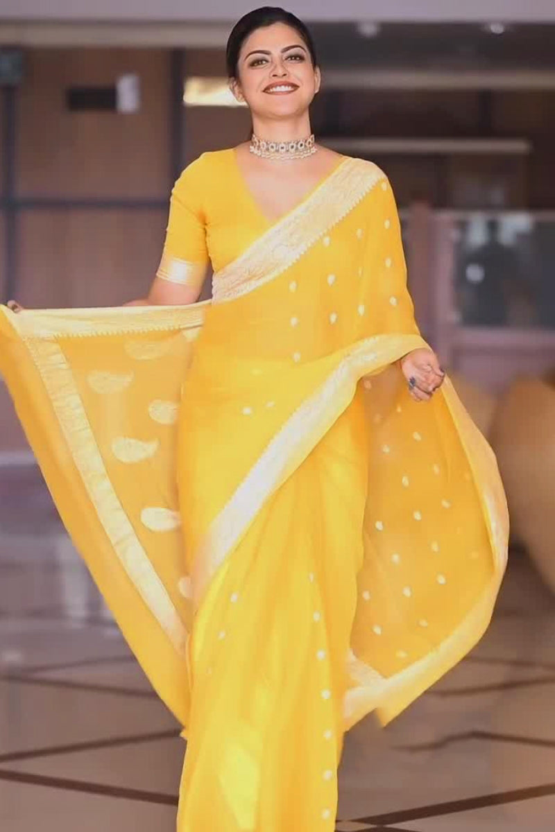 Glowing Yellow Cotton Silk Saree With Imaginative Blouse Piece