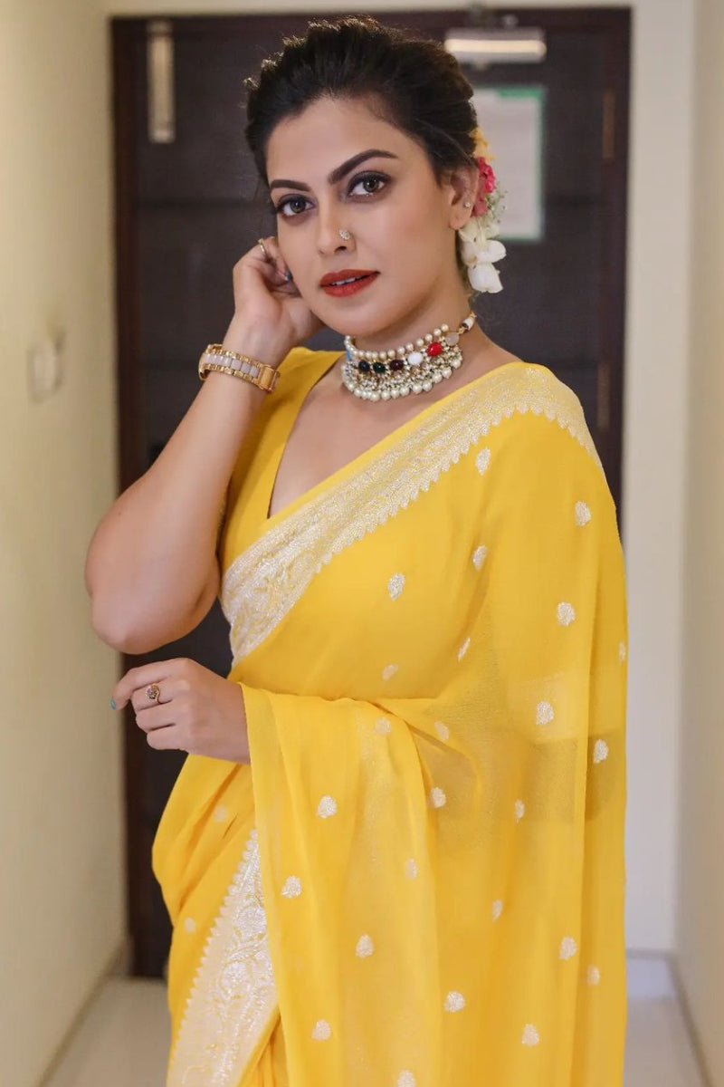 Glowing Yellow Cotton Silk Saree With Imaginative Blouse Piece