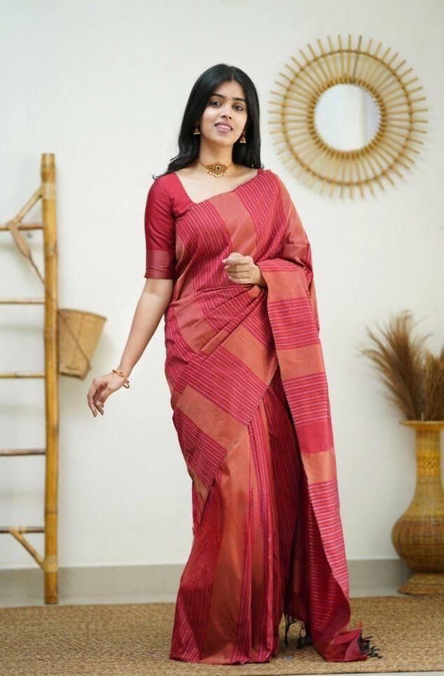 Moiety Red Soft Silk Saree With Susurrous Blouse Piece