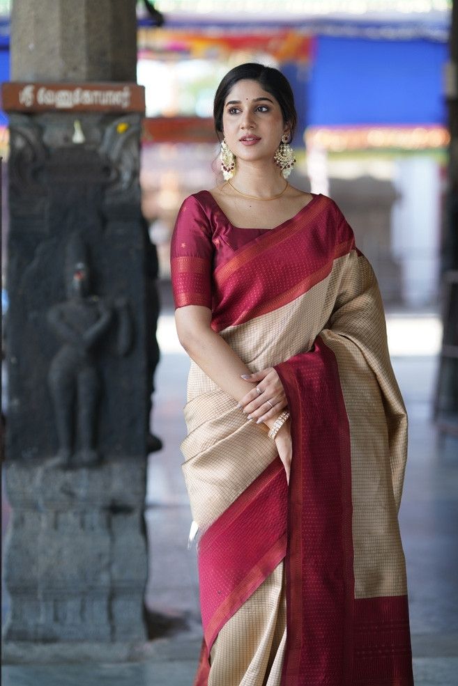 Elision Beige Soft Silk Saree With Staggering Blouse Piece