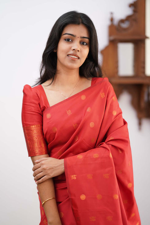 Fairytale Red Soft Silk Saree With Incredible Blouse Piece