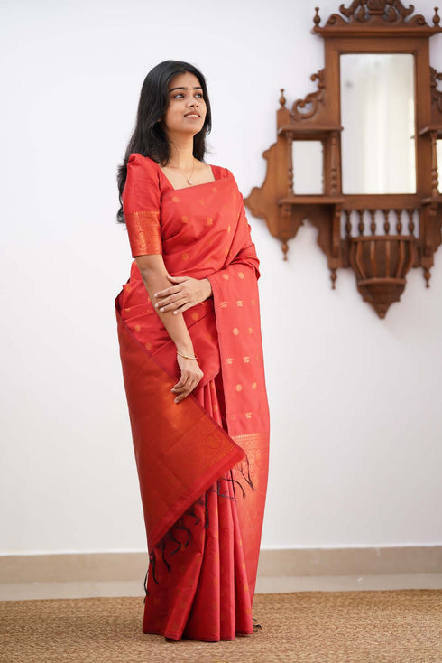 Fairytale Red Soft Silk Saree With Incredible Blouse Piece