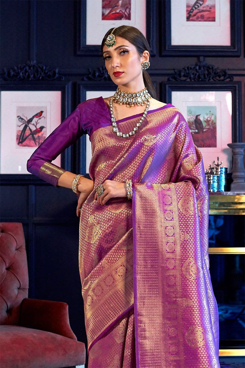 Ebullience Purple Kanjivaram Silk Saree With Vibrant Blouse Piece