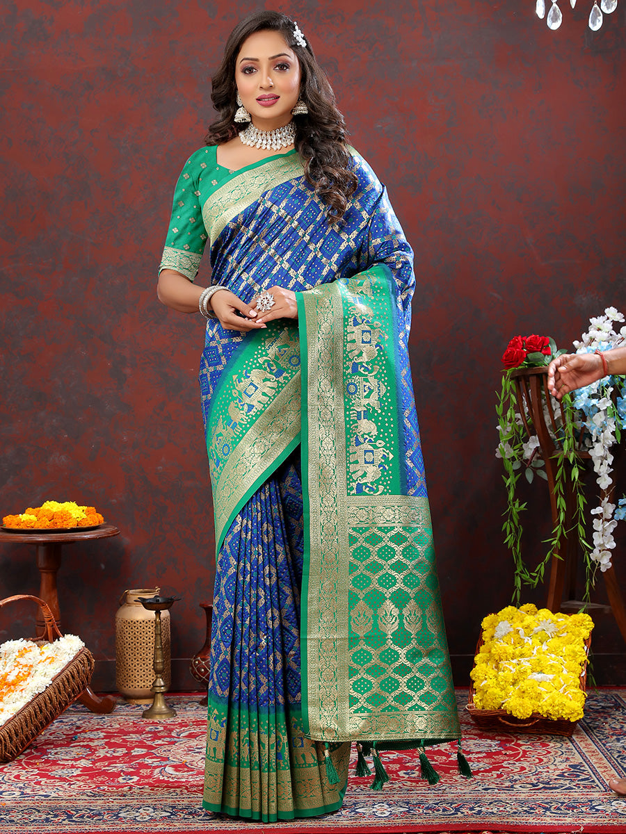 Eloquence Blue Patola Silk Saree with Rhapsodic Blouse Piece