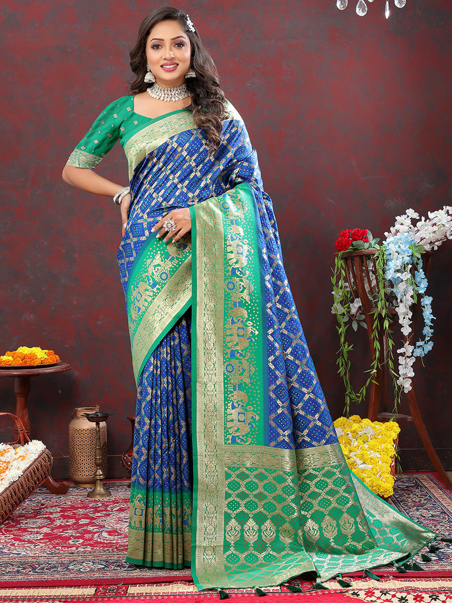 Eloquence Blue Patola Silk Saree with Rhapsodic Blouse Piece