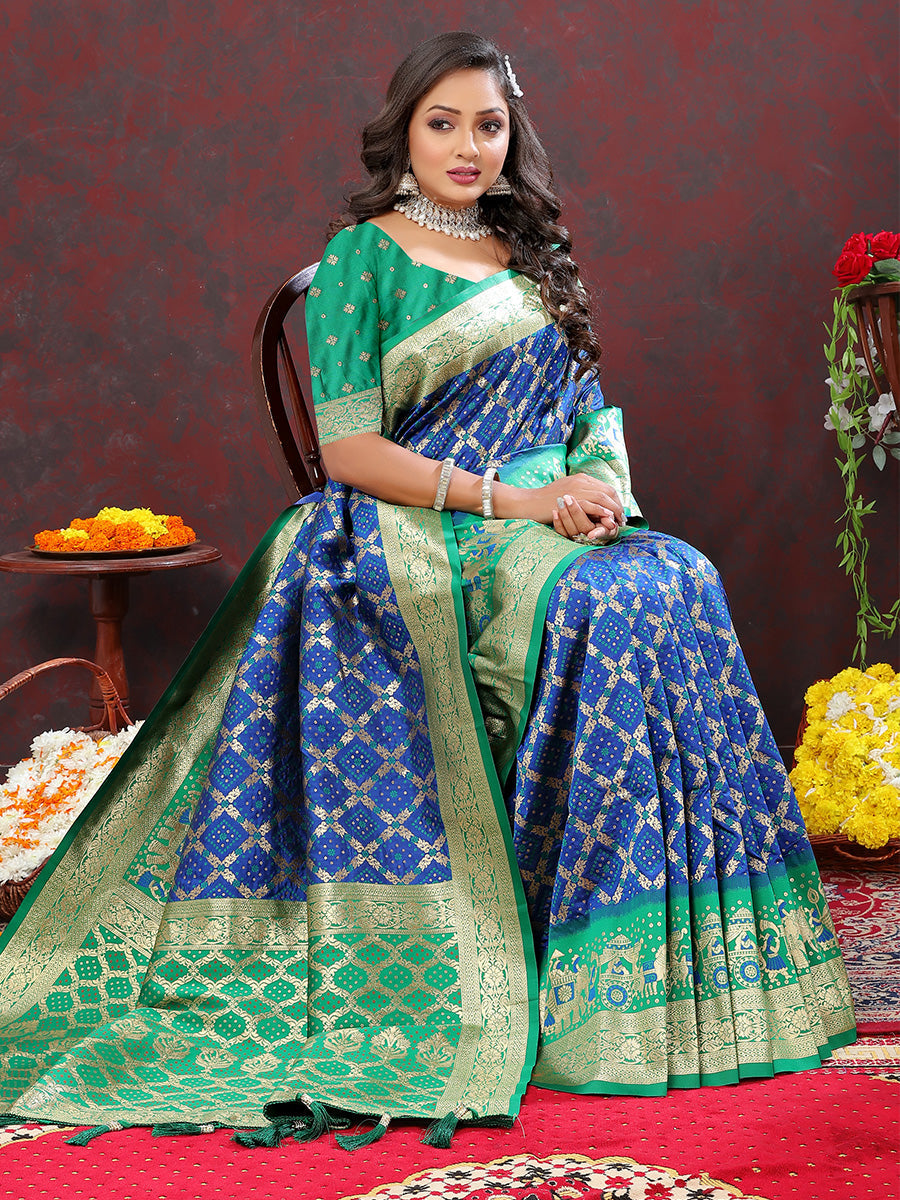 Eloquence Blue Patola Silk Saree with Rhapsodic Blouse Piece