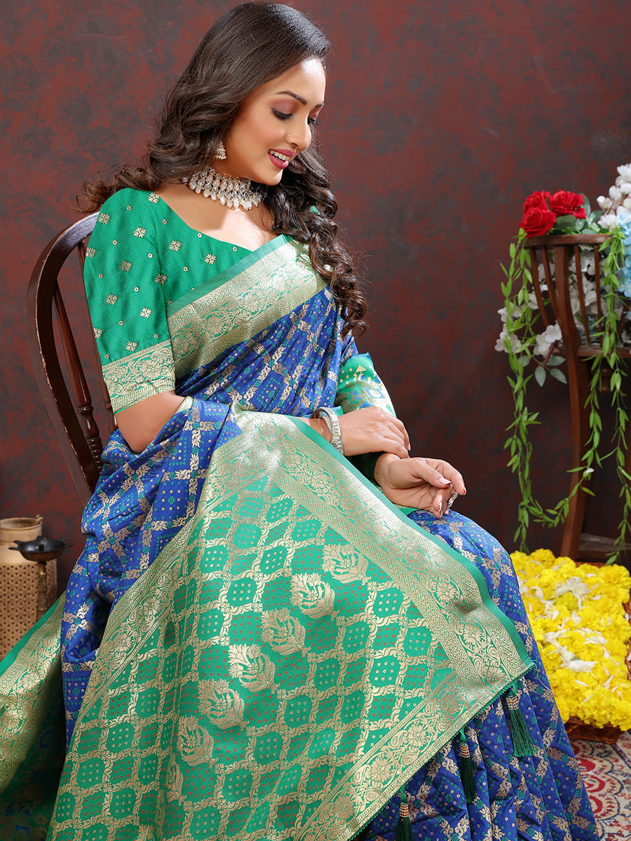 Eloquence Blue Patola Silk Saree with Rhapsodic Blouse Piece