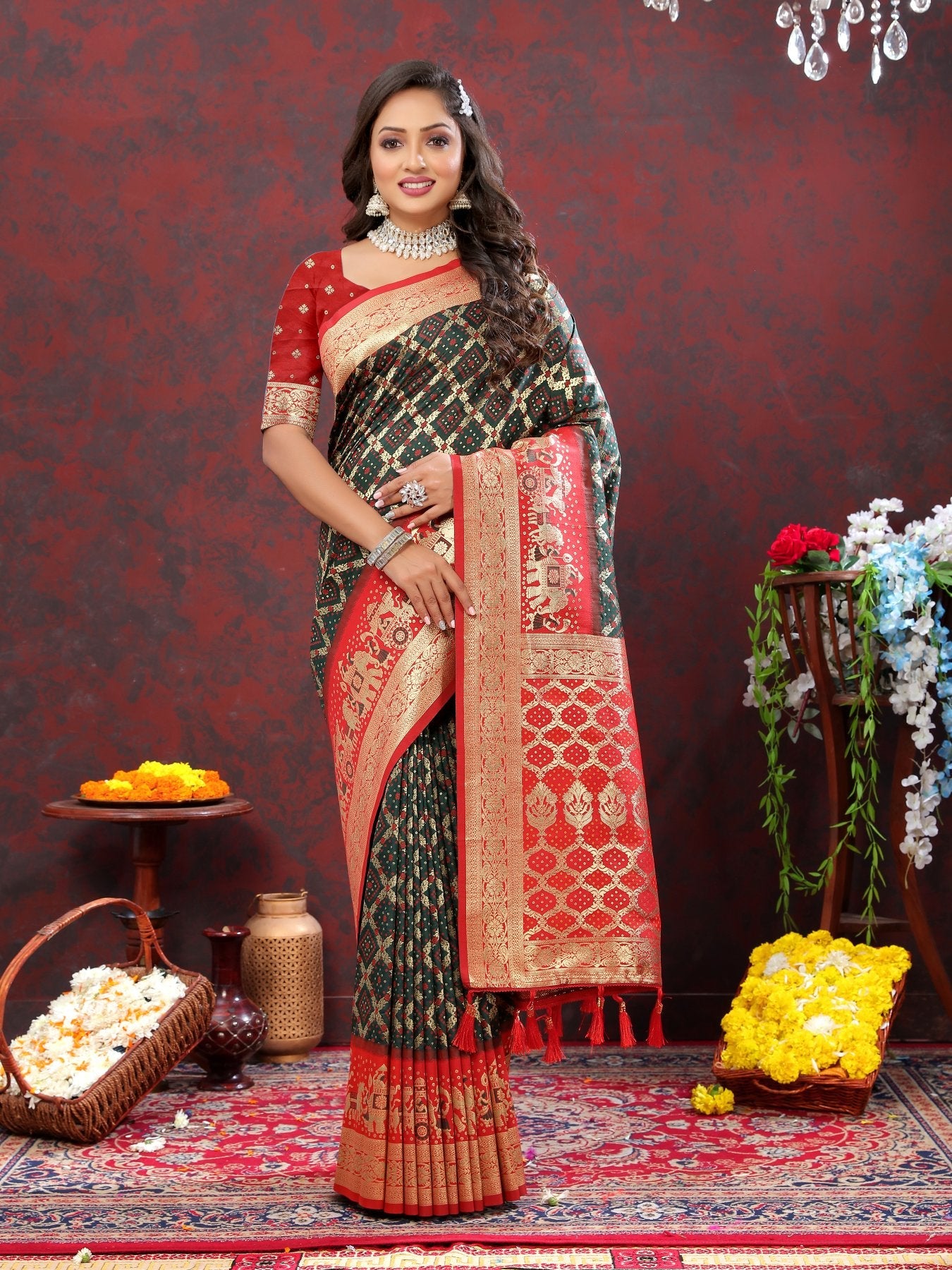 Glorious Dark Green Patola Silk Saree with Vibrant Blouse Piece