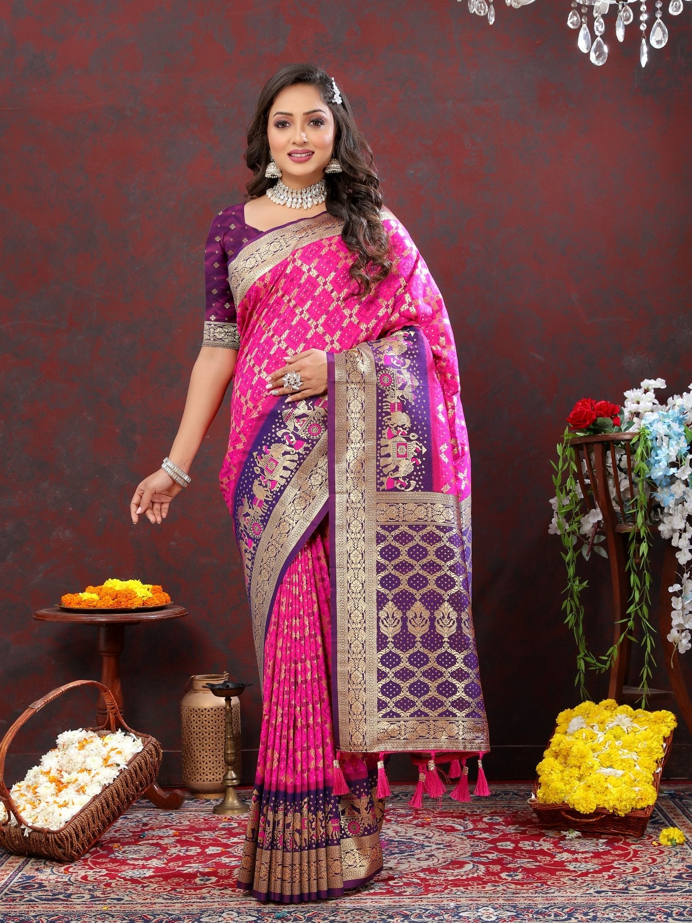 Fancifull Dark Pink Patola Silk Saree with Quixotic Blouse Piece