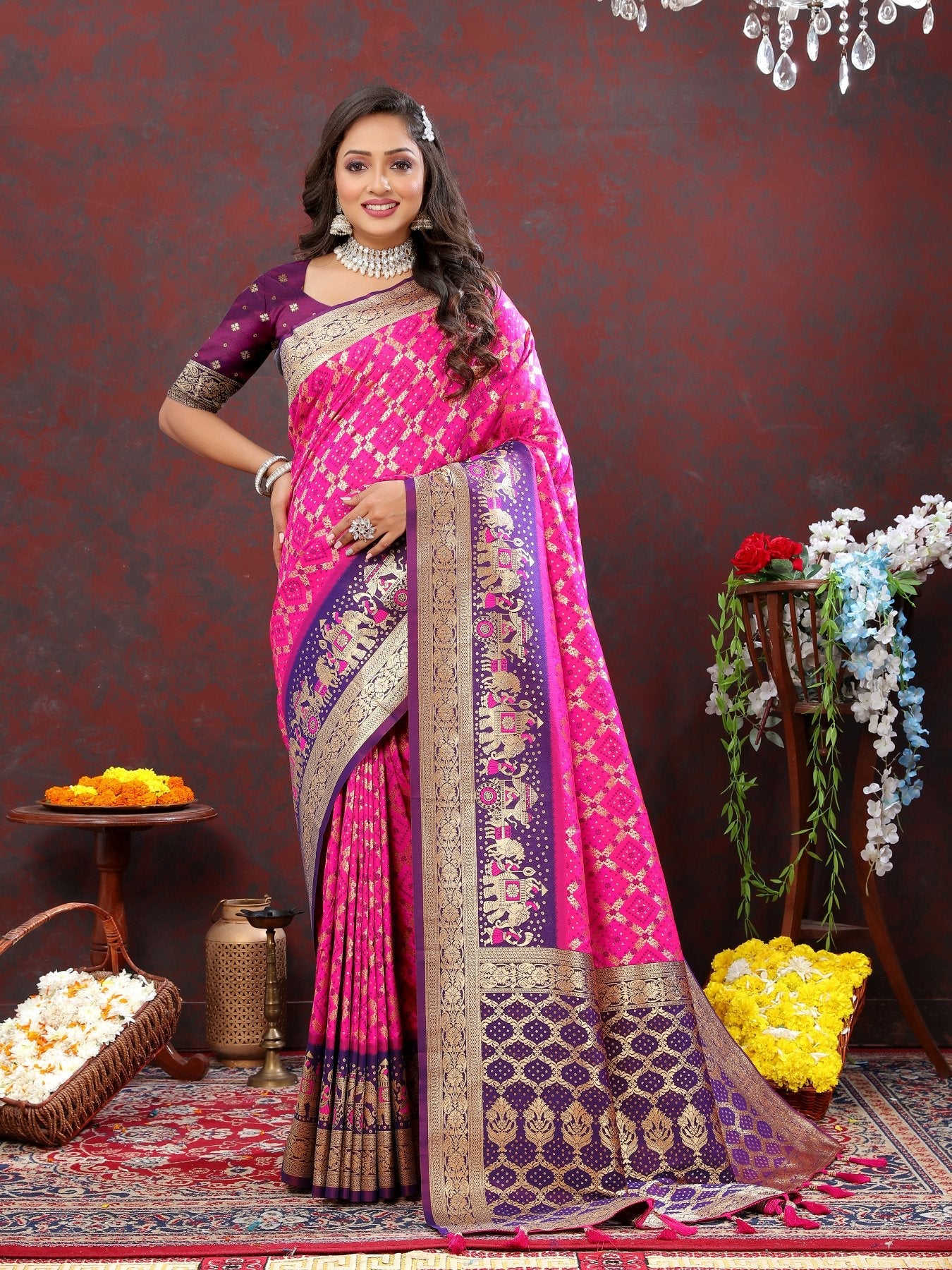 Fancifull Dark Pink Patola Silk Saree with Quixotic Blouse Piece