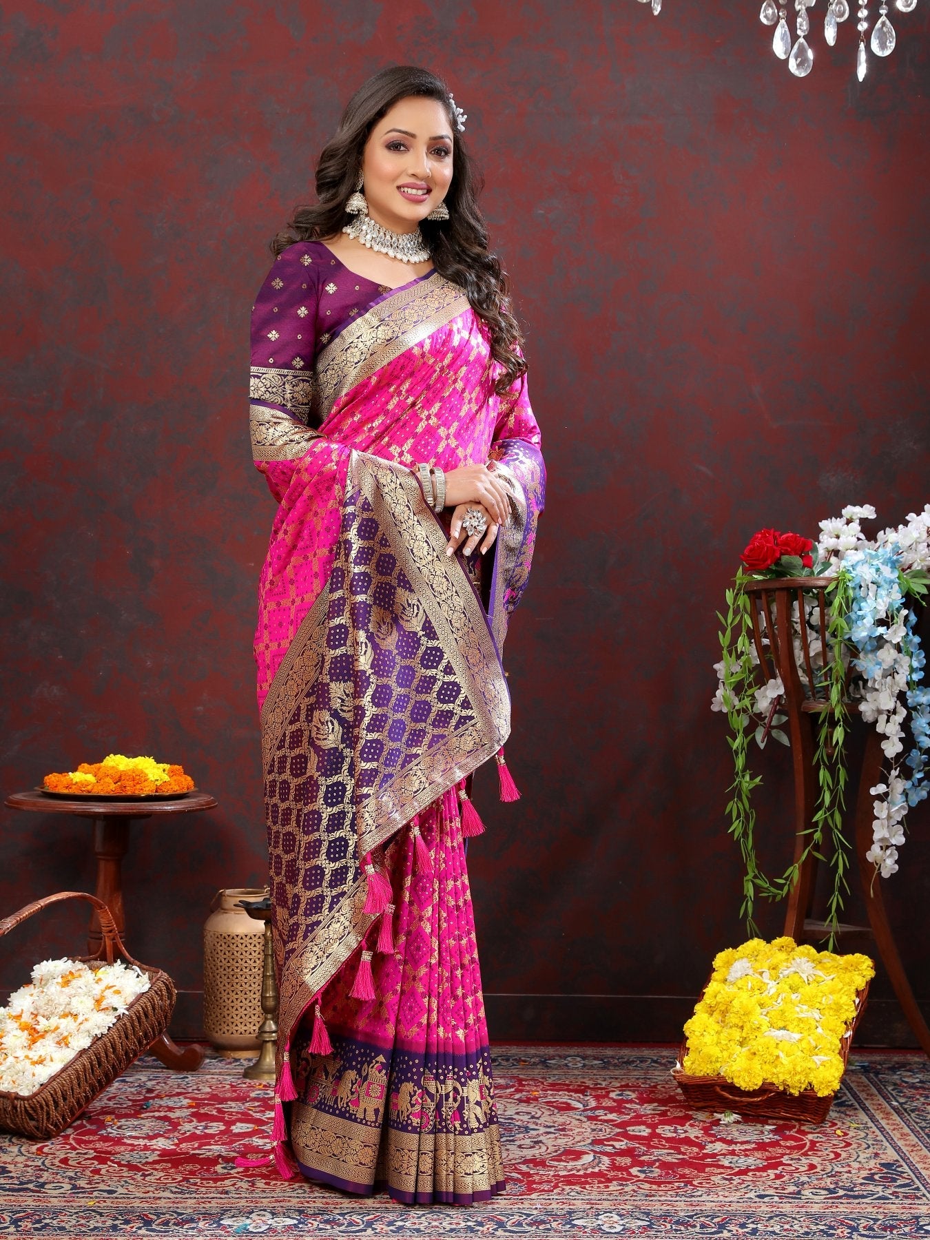 Fancifull Dark Pink Patola Silk Saree with Quixotic Blouse Piece