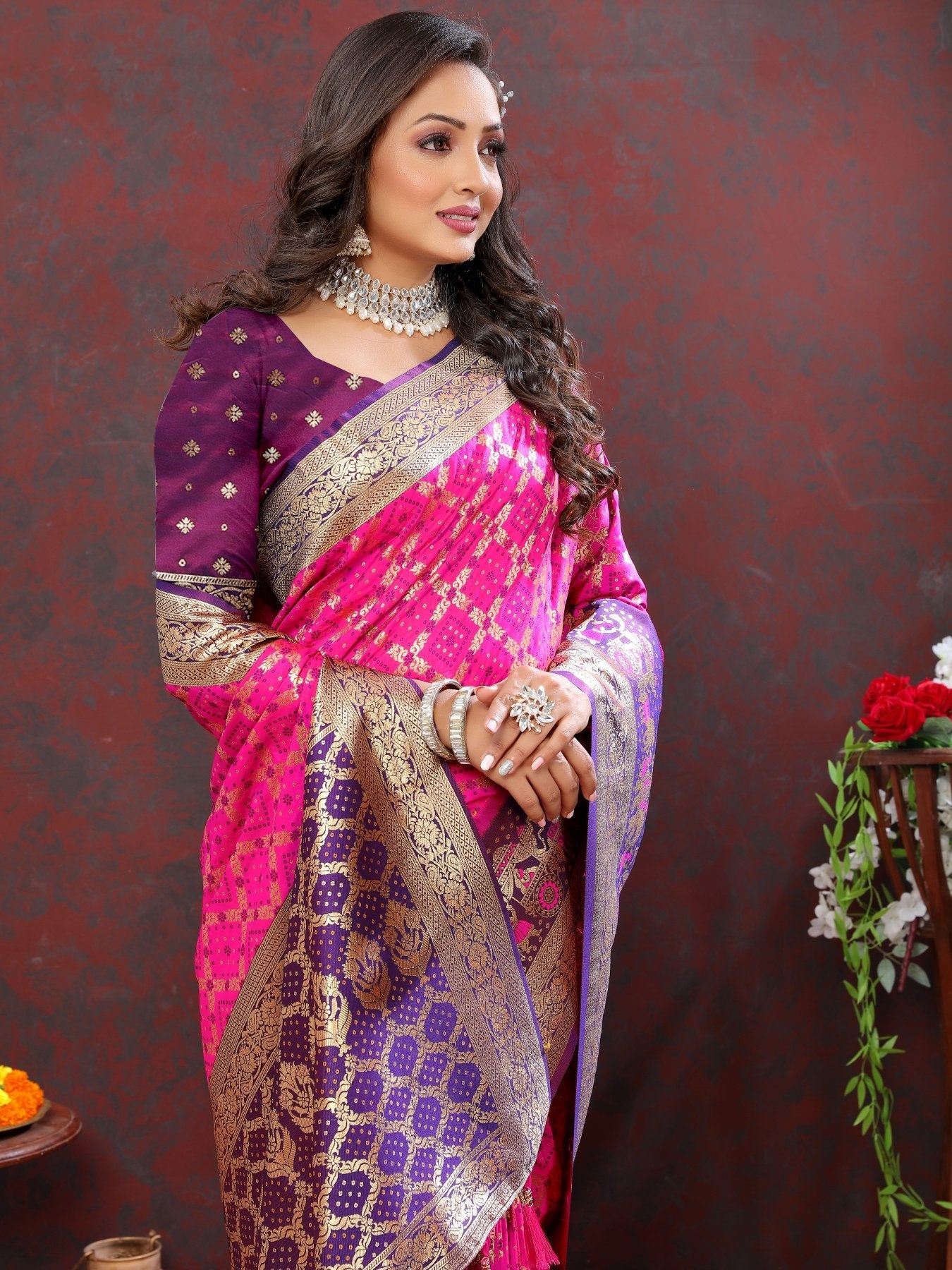 Fancifull Dark Pink Patola Silk Saree with Quixotic Blouse Piece