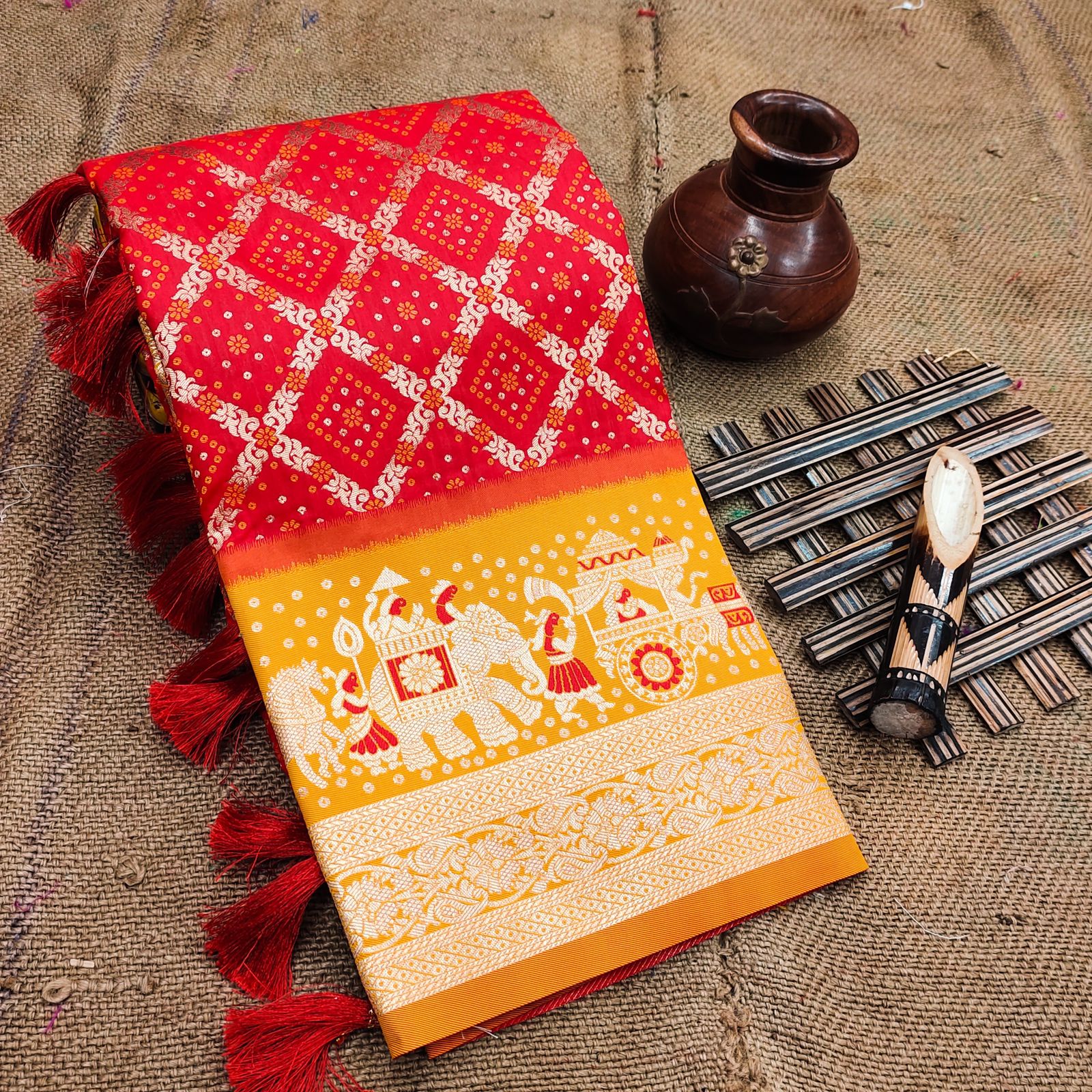 Efflorescence Red Patola Silk Saree with Vibrant Blouse Piece