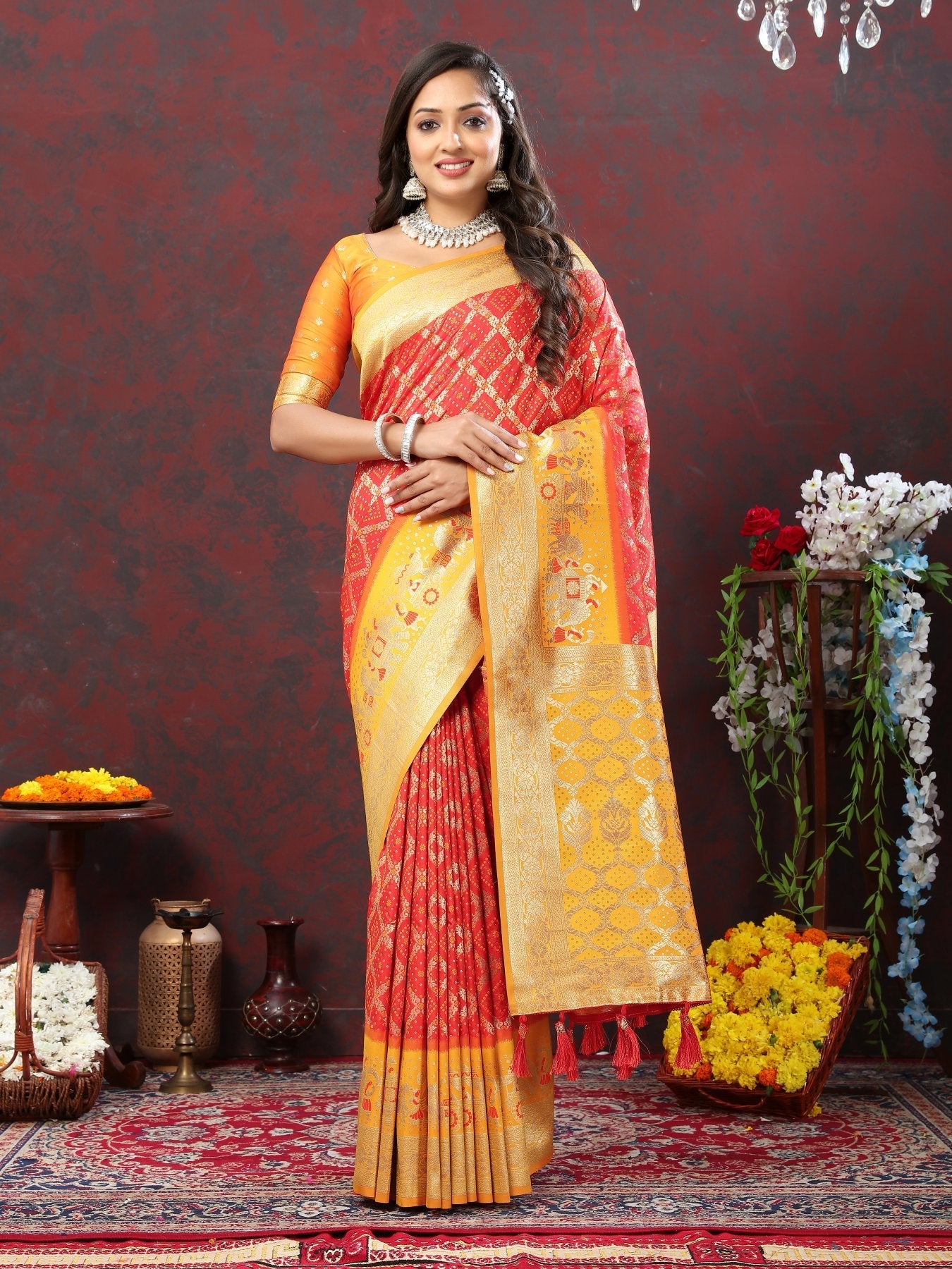 Efflorescence Red Patola Silk Saree with Vibrant Blouse Piece