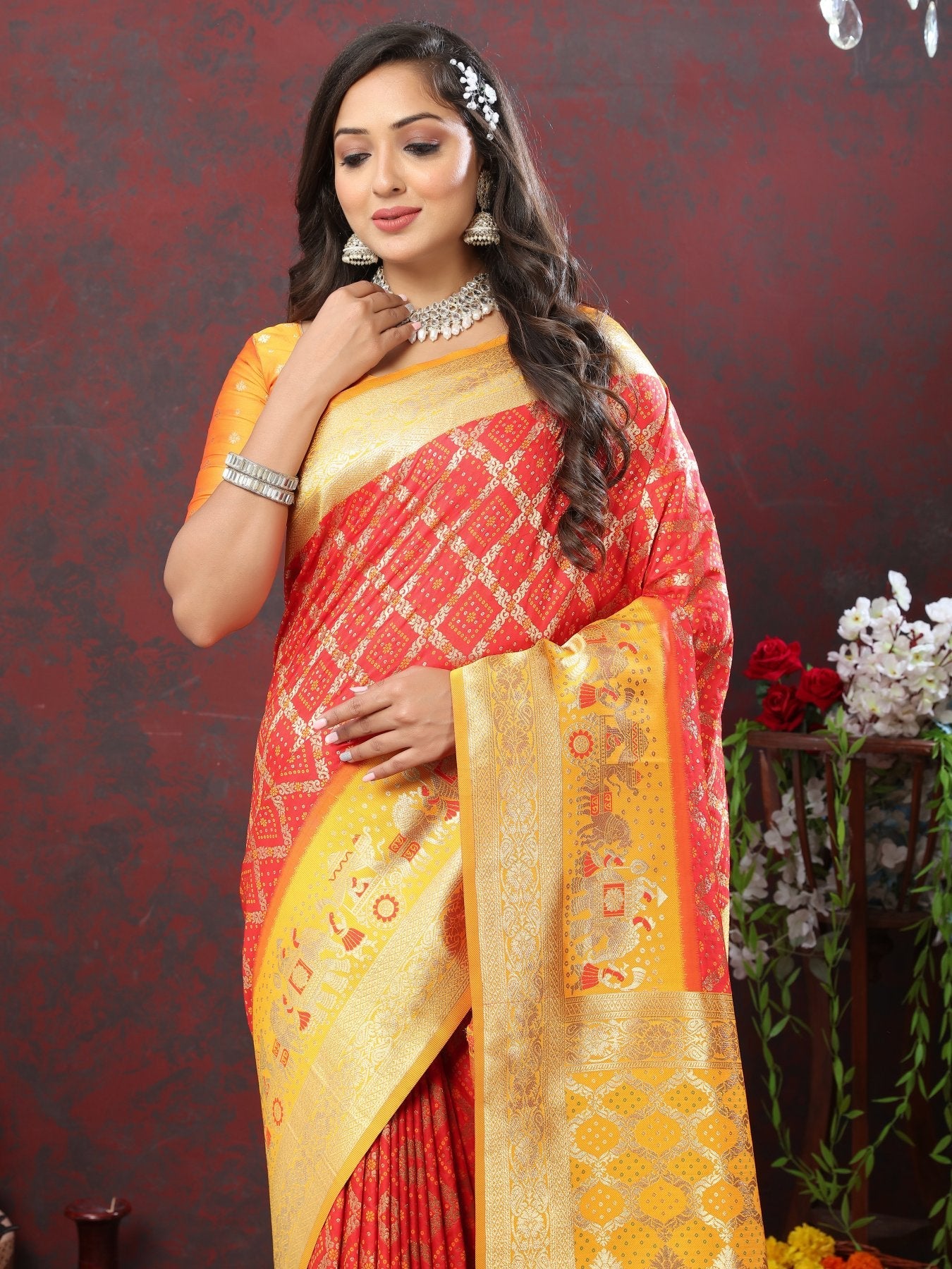 Efflorescence Red Patola Silk Saree with Vibrant Blouse Piece