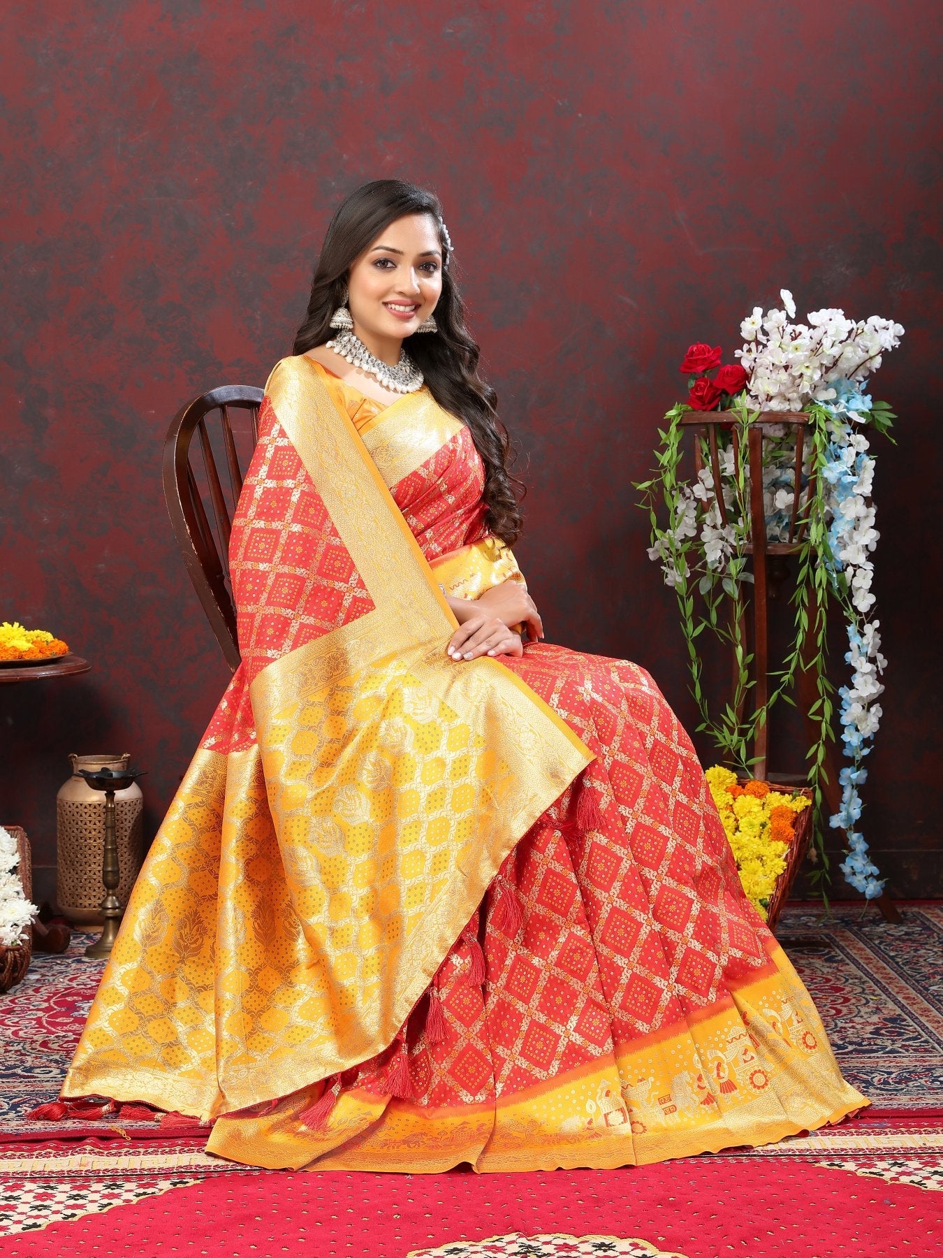 Efflorescence Red Patola Silk Saree with Vibrant Blouse Piece