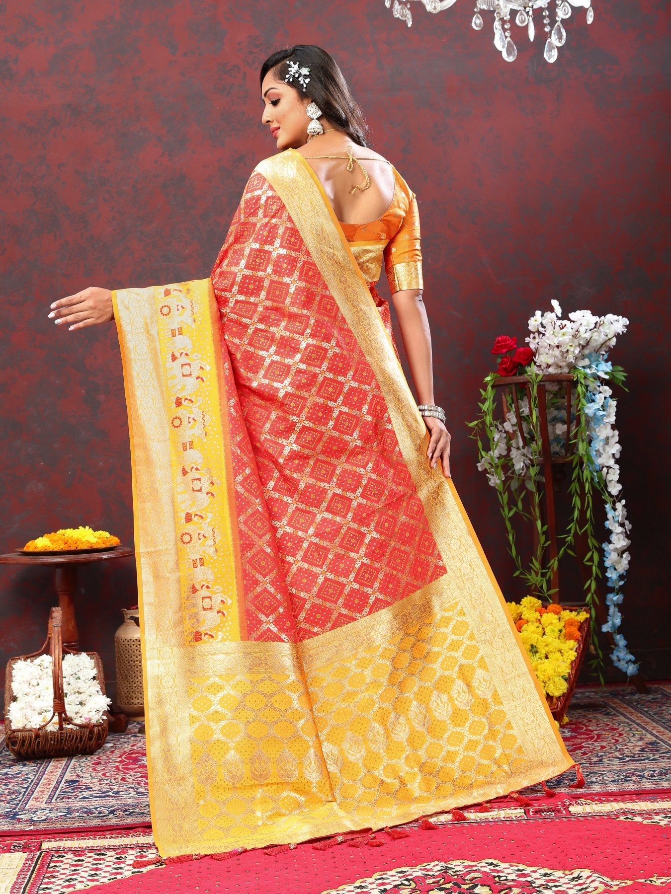 Efflorescence Red Patola Silk Saree with Vibrant Blouse Piece